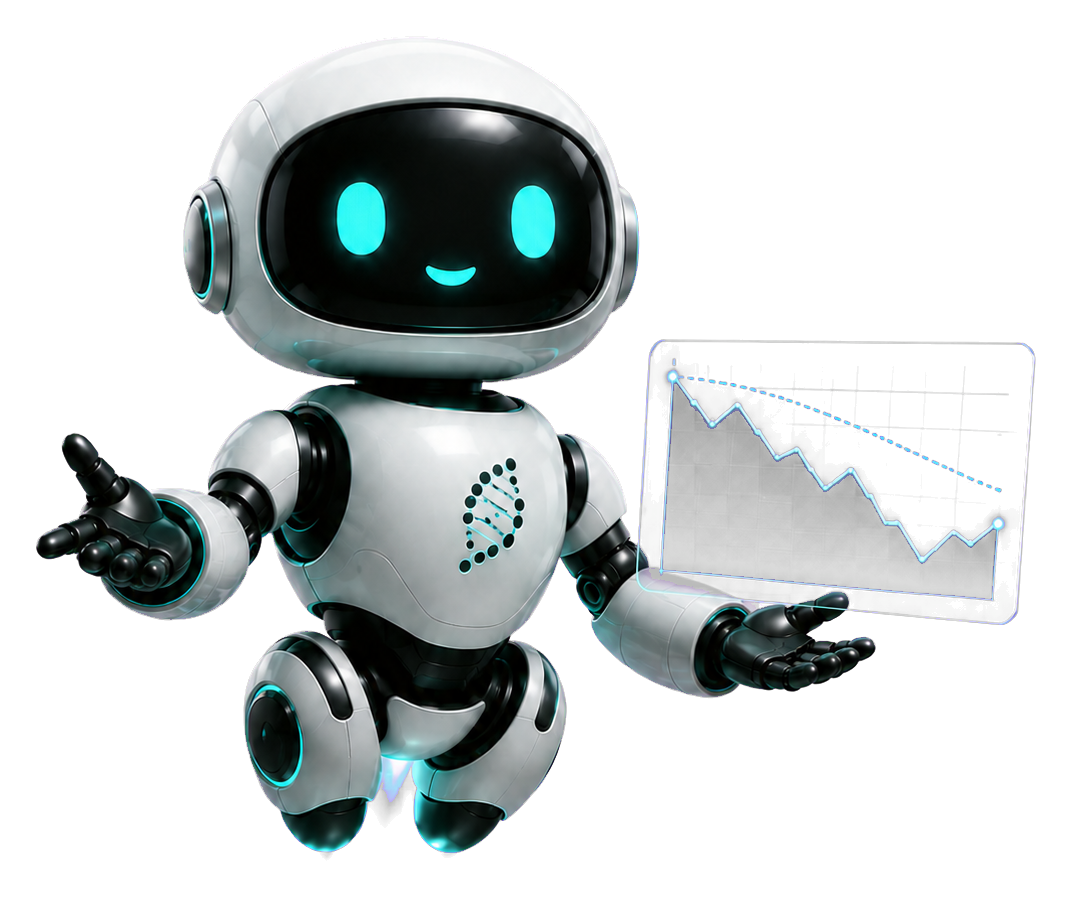 下振れを示すグラフを案内するAid+のロボット